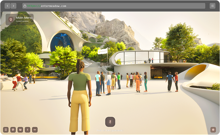 An expansive virtual environment in Meadow by Bizzlogic, showcasing an avatar navigating a lush outdoor setting with modern, curved architectural structures and a diverse group of avatars interacting in the background. This scene illustrates Meadow's capability to host immersive virtual events, digital campuses, and collaborative spaces for businesses and communities in the metaverse.