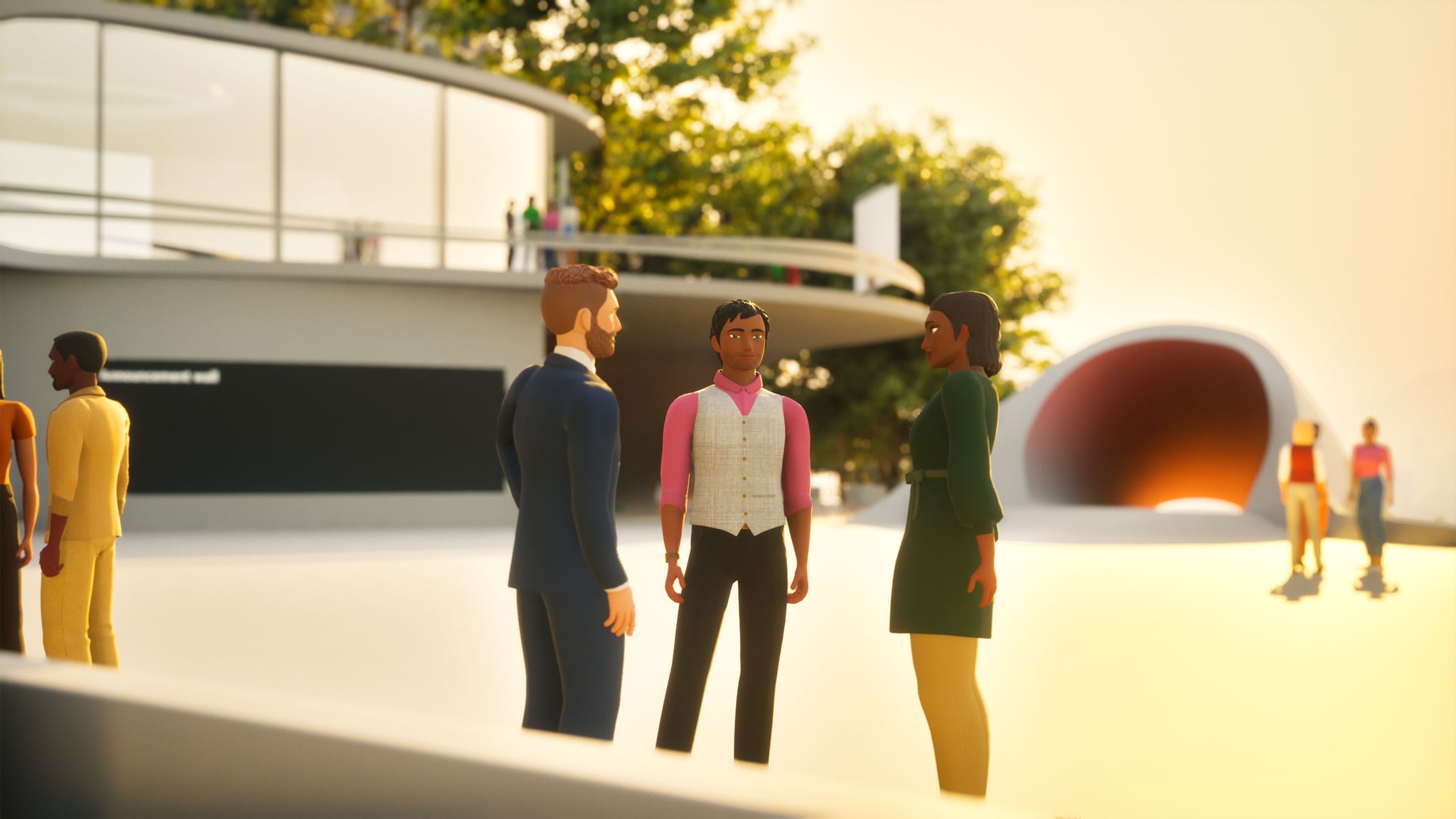 A vibrant outdoor virtual social space on Meadow by Bizzlogic, featuring diverse avatars networking and engaging in conversations against a backdrop of modern architecture and lush greenery. This metaverse environment demonstrates Meadow's ability to create interactive social campuses and business hubs, fostering collaboration and community-building in the digital world.